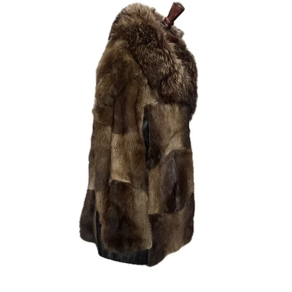Vintage Mandel's Raccoon Fur Patchwork Leather Pea Coat Women's Size L- XL Brown - Picture 4 of 12